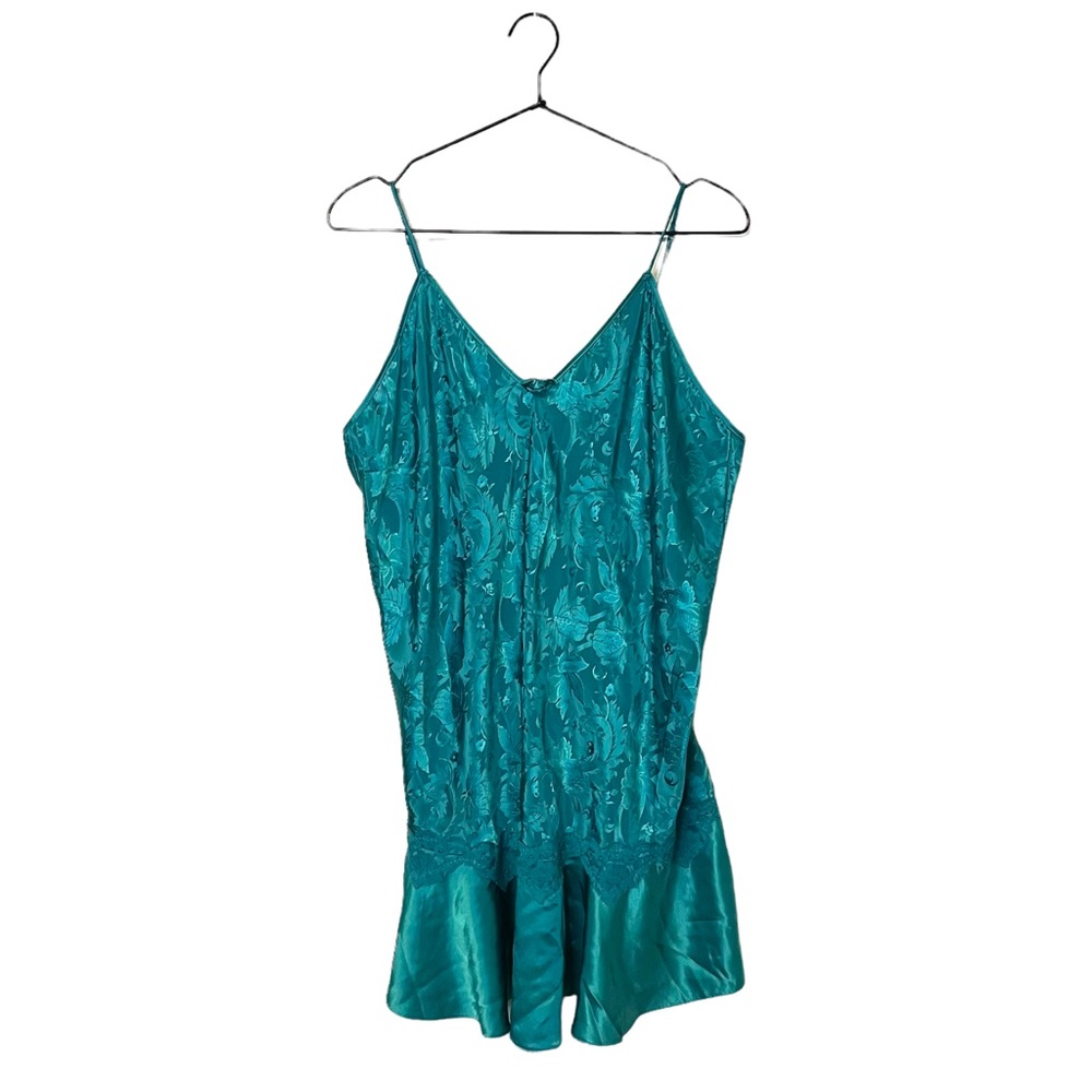 Vintage Adonna Teal Silky Floral Slip Dress Nightgown Large